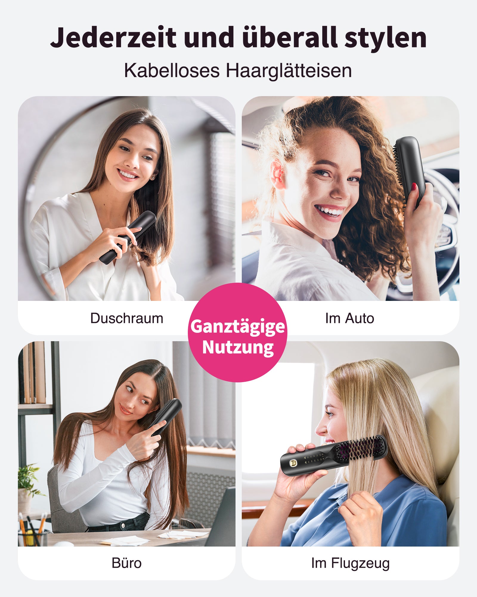Bopcal Glättbürste Kabellos 10000mAh, 3 in 1 Haarglätter Bürste mit Millionen Negative Ionen, Wiederaufladbar Glättungsbürste für Reise, 6 Wärmestufen, Verhindert Haarziehen, Glättet Schneller,Schwarz