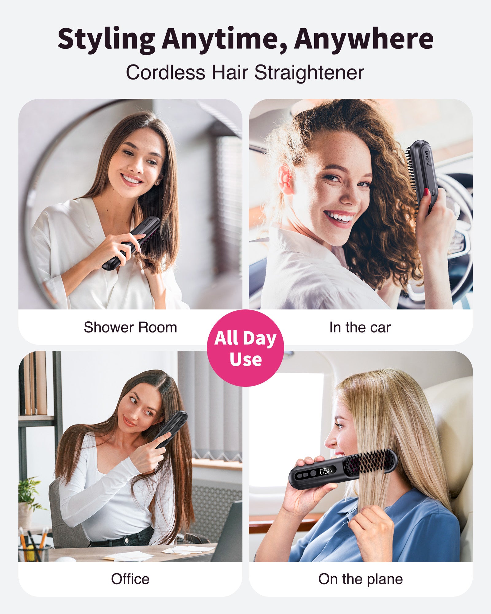 Bopcal Pocket Cordless Hair Straightener Brush (Black)