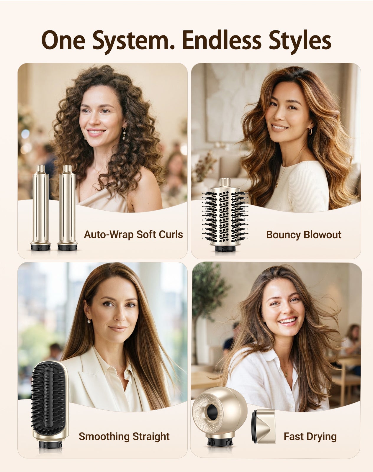 opcal 7-in-1 Air Styler & Hair Dryer Brush, 170,000 RPM High-Speed Multi Styler with Auto Wrap Curlers, Ionic Blow Dryer Brush, Volumizing & Smoothing Brushes for Fast Drying, Curls & Salon Blowouts