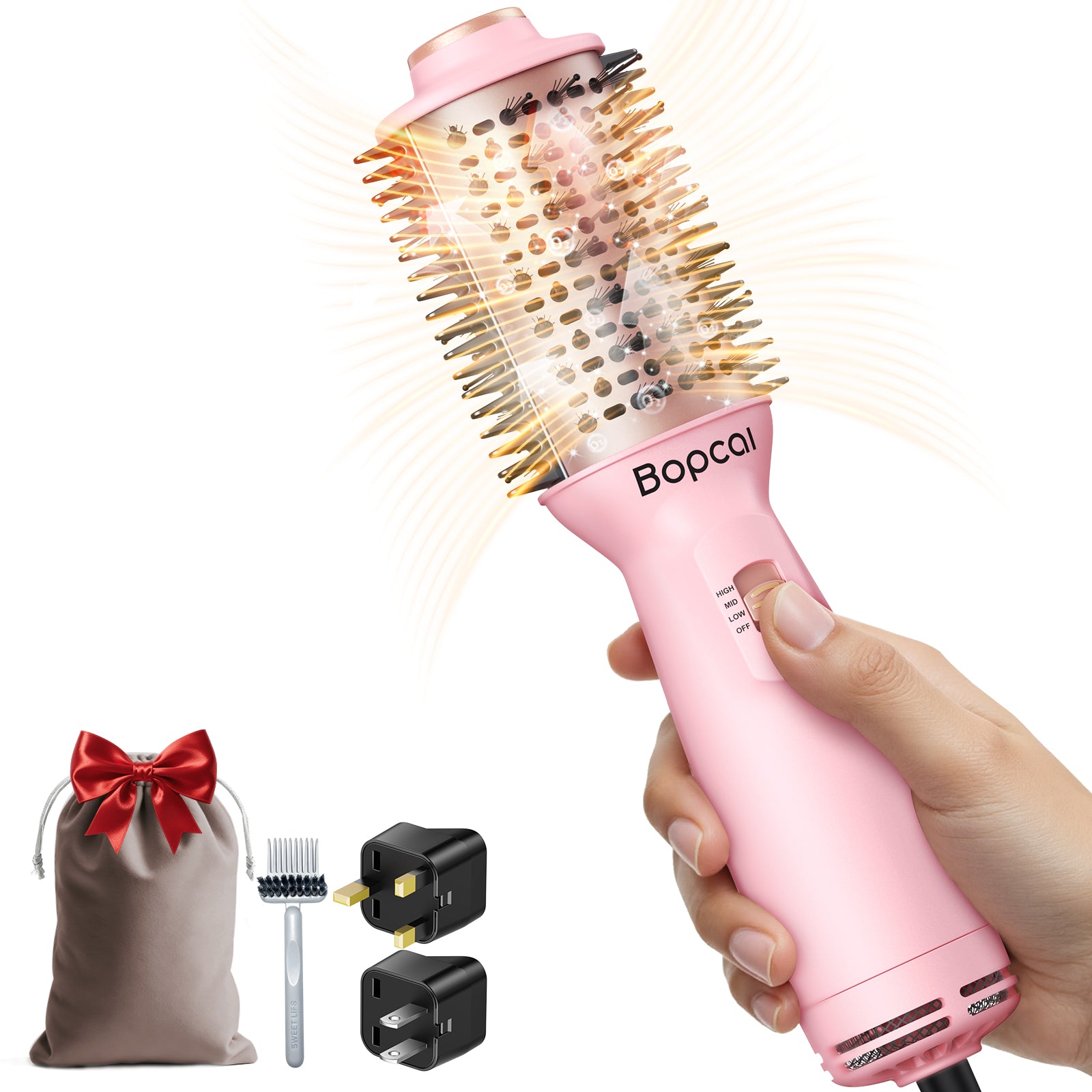 Dual Voltage Travel Blow Dryer Brush, Mini Hair Dryer Brush with Auto 100β240V, EU/UK Plug Ready, 4-in-1 Compact Hot Air Brush Lightweight, Ionic for Smooth & Voluminous Hair Anywhere