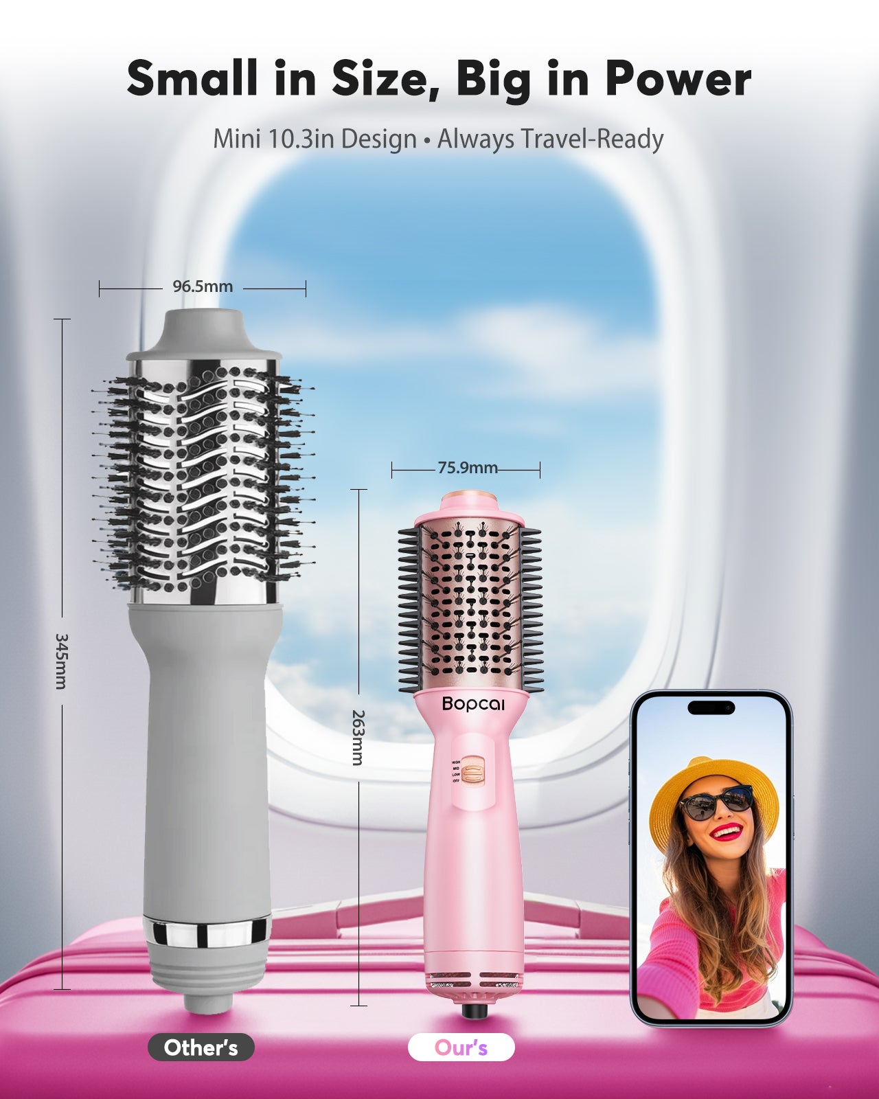 Dual Voltage Travel Blow Dryer Brush, Mini Hair Dryer Brush with Auto 100β240V, EU/UK Plug Ready, 4-in-1 Compact Hot Air Brush Lightweight, Ionic for Smooth & Voluminous Hair Anywhere