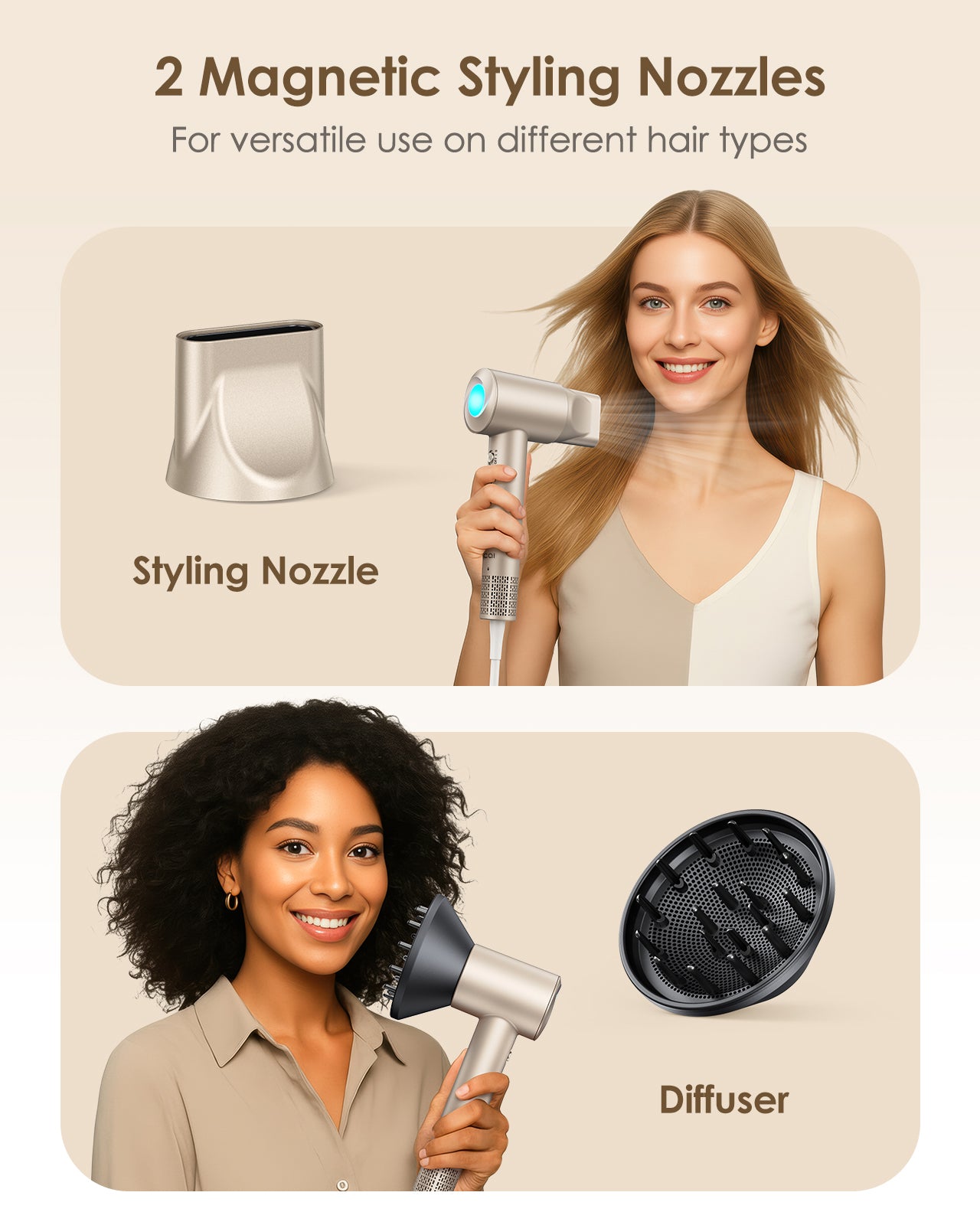 Hair Dryer, 160,000 RPM High-Speed Ionic Blow Dryer with Diffuser for Women, 1500W fast-drying hairdryer with 500M negative ions, low-noise compact design, and concentrator for home, gym, or travel
