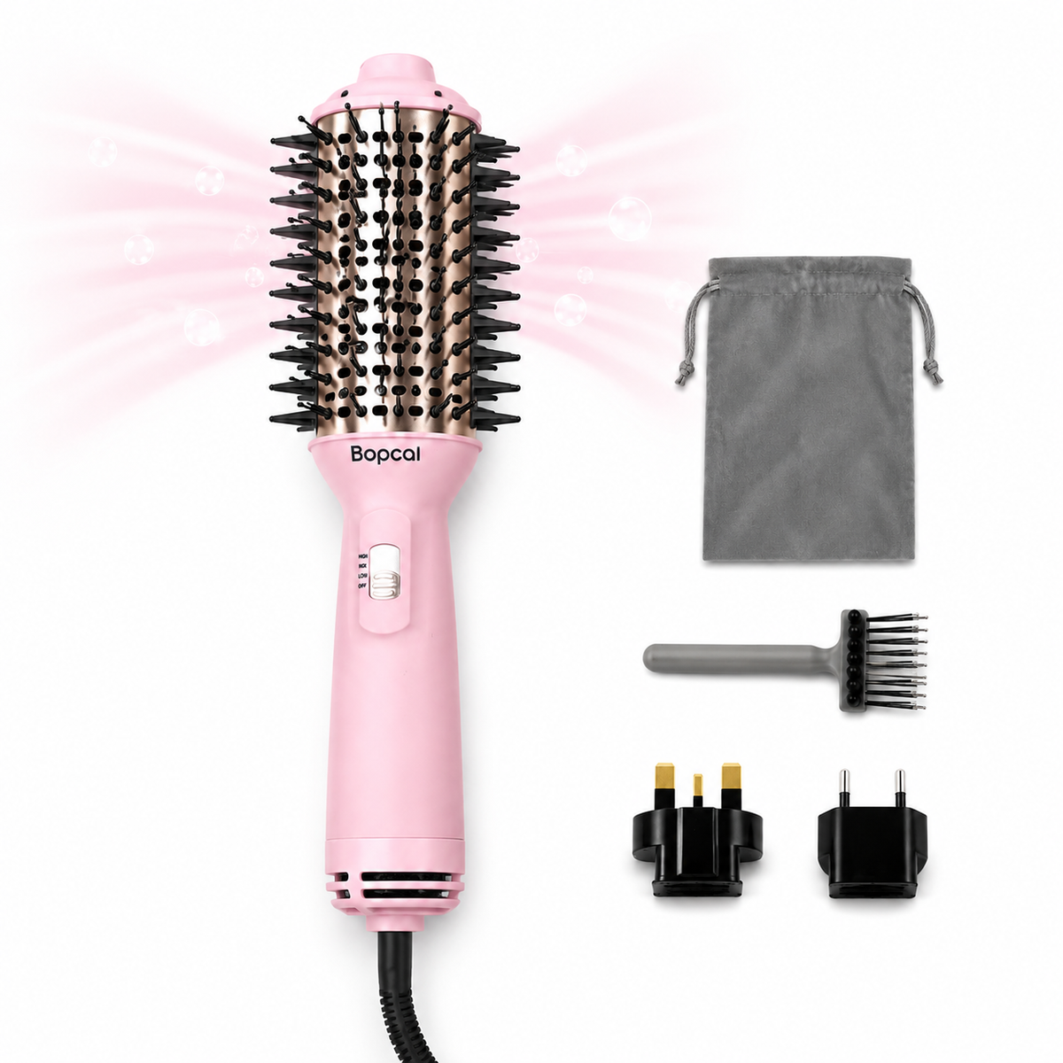 Bopcal Dual Voltage Hair Dryer Brush, 2 Inch Mini Blowout Brush Travel Blow Dryer, 4 in 1 Dry, Smooth, Curl & Volumize, Ionic Frizz Control, 3 Heat & Speed Settings, EU & UK Plugs Included