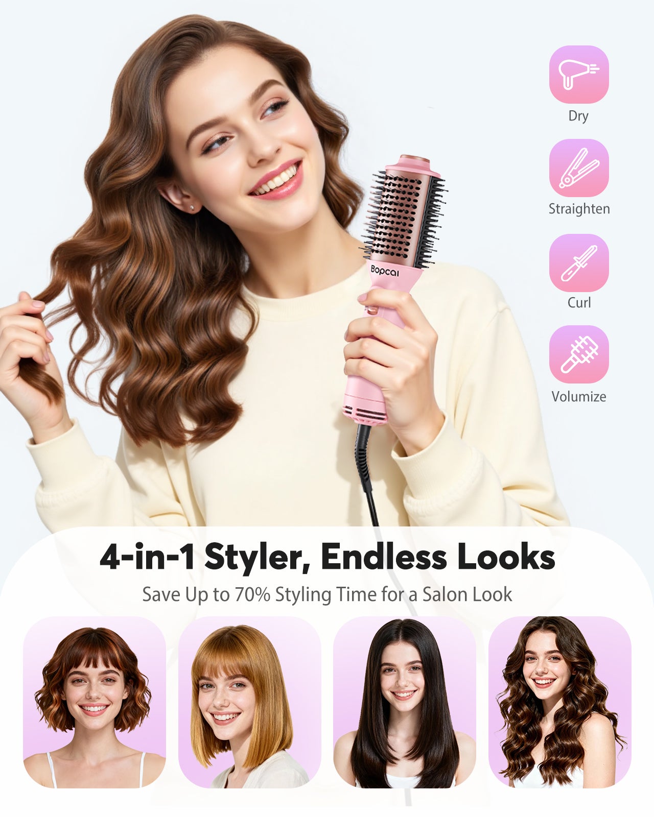 Dual Voltage Travel Blow Dryer Brush, Mini Hair Dryer Brush with Auto 100β240V, EU/UK Plug Ready, 4-in-1 Compact Hot Air Brush Lightweight, Ionic for Smooth & Voluminous Hair Anywhere