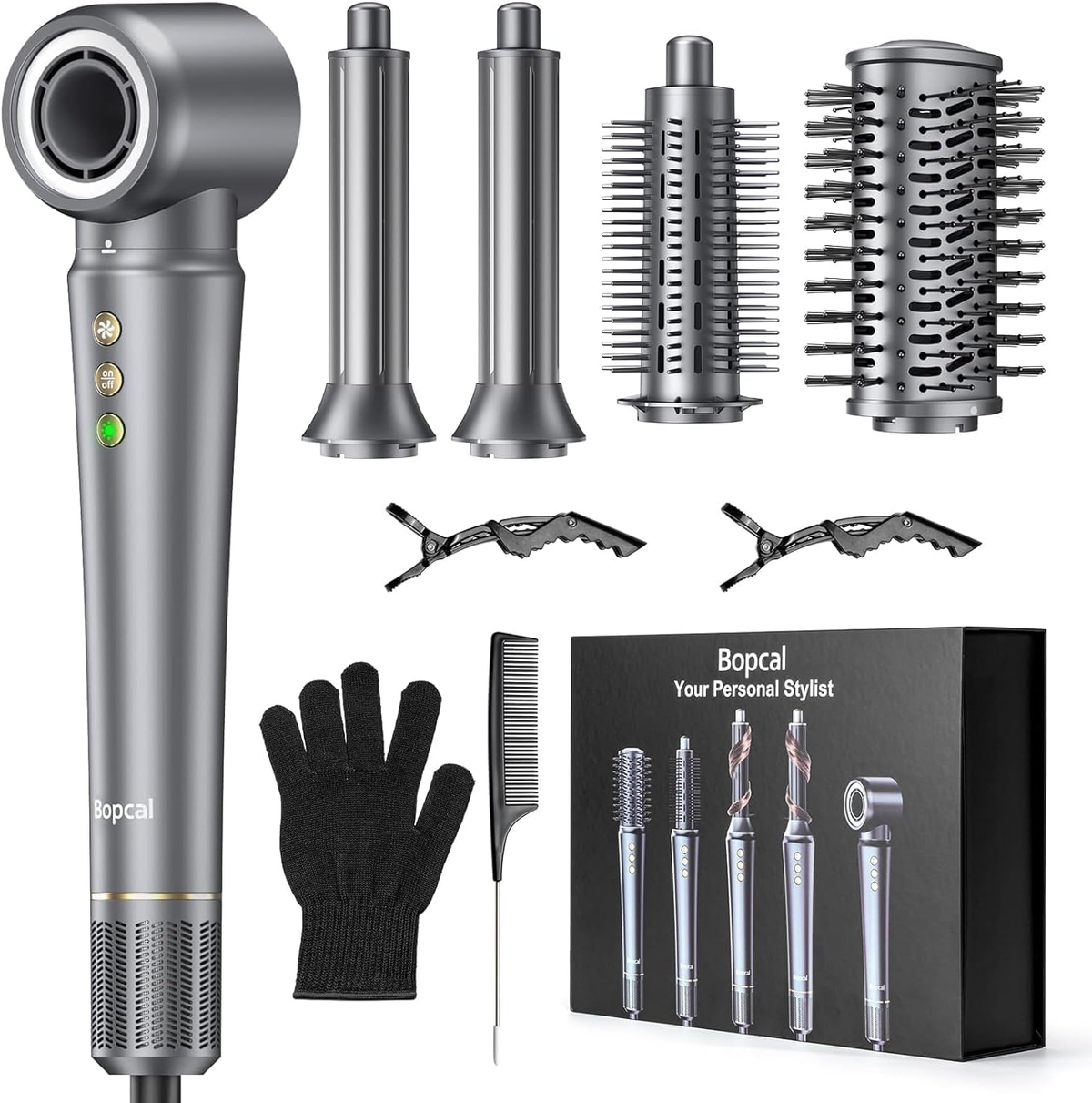 Bopcal 5-in-1 Hair Dryer Brush, Auto-Wrap Curlers & Air Styler 110,000 RPM Motor | 500M Ions | 3 Heat & 2 Speeds | Fast Drying, Soft Curls, Smooth Blowouts & Root Volume