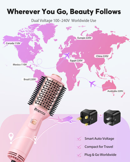 Dual Voltage Travel Blow Dryer Brush, Mini Hair Dryer Brush with Auto 100–240V, EU/UK Plug Ready, 4-in-1 Compact Hot Air Brush Lightweight, Ionic for Smooth & Voluminous Hair Anywhere