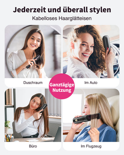Bopcal Glättbürste Kabellos 10000mAh, 3 in 1 Haarglätter Bürste mit Millionen Negative Ionen, Wiederaufladbar Glättungsbürste für Reise, 6 Wärmestufen, Verhindert Haarziehen, Glättet Schneller,Schwarz