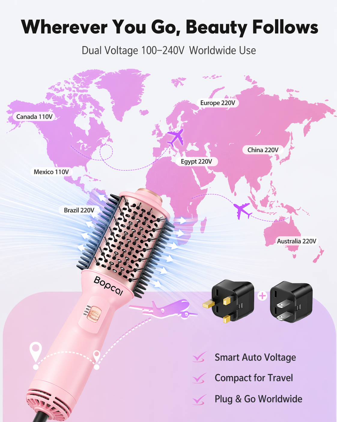 Bopcal Mini Travel Hair Dryer Brush, Dual Voltage Blow Dryer Brush in One (M-Pink) | 100-240V Hot Air Styler Europe Travel Essentials for Women, 2 Inch Portable Blowout Styling with EU and UK Plug