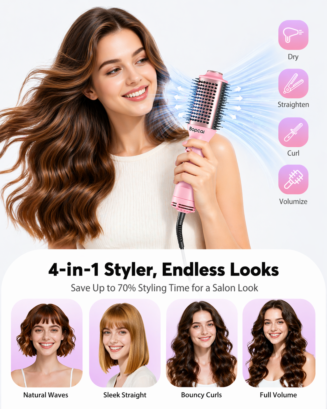 Bopcal Mini Travel Hair Dryer Brush, Dual Voltage Blow Dryer Brush in One (M-Pink) | 100-240V Hot Air Styler Europe Travel Essentials for Women, 2 Inch Portable Blowout Styling with EU and UK Plug