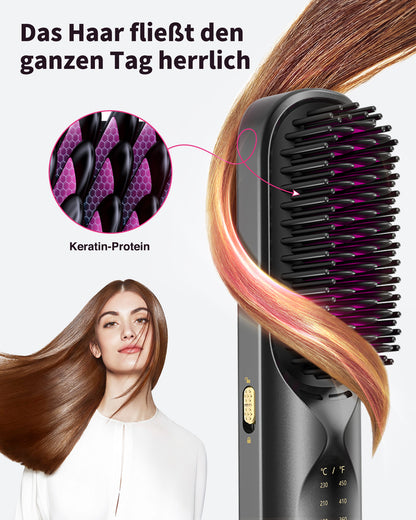 Bopcal Glättbürste Kabellos 10000mAh, 3 in 1 Haarglätter Bürste mit Millionen Negative Ionen, Wiederaufladbar Glättungsbürste für Reise, 6 Wärmestufen, Verhindert Haarziehen, Glättet Schneller,Schwarz
