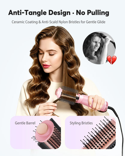 Dual Voltage Travel Blow Dryer Brush, Mini Hair Dryer Brush with Auto 100–240V, EU/UK Plug Ready, 4-in-1 Compact Hot Air Brush Lightweight, Ionic for Smooth & Voluminous Hair Anywhere