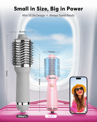 Bopcal Mini Travel Hair Dryer Brush, Dual Voltage Blow Dryer Brush in One (M-Pink) | 100-240V Hot Air Styler Europe Travel Essentials for Women, 2 Inch Portable Blowout Styling with EU and UK Plug