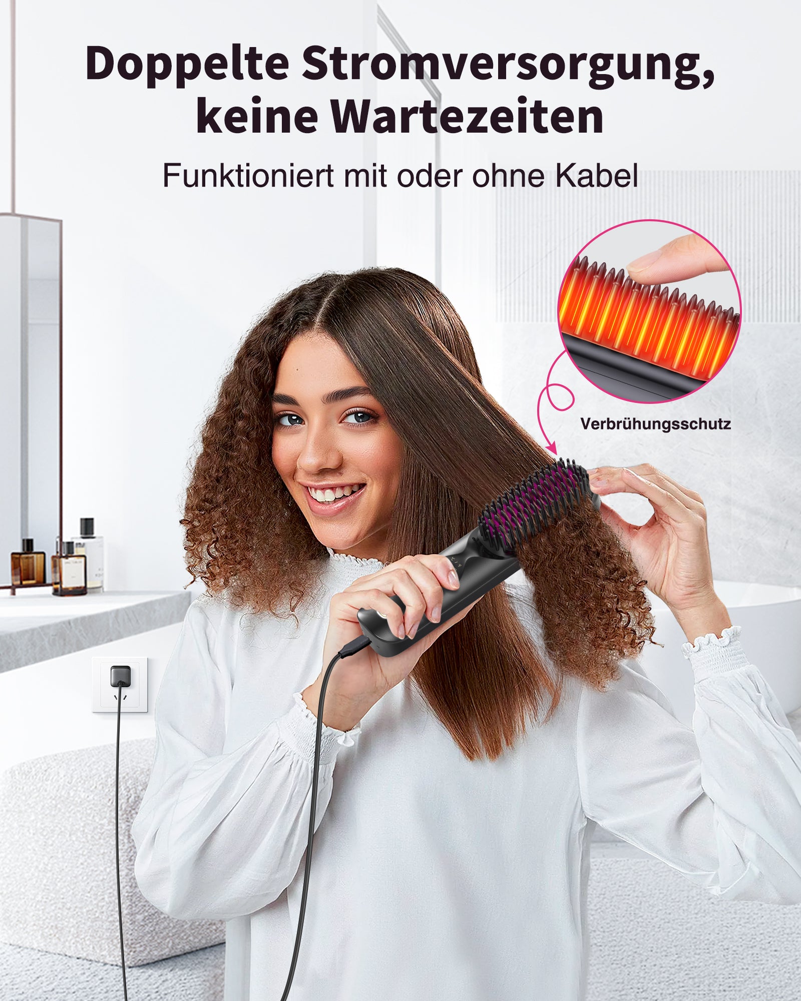 Bopcal Glättbürste Kabellos 10000mAh, 3 in 1 Haarglätter Bürste mit Millionen Negative Ionen, Wiederaufladbar Glättungsbürste für Reise, 6 Wärmestufen, Verhindert Haarziehen, Glättet Schneller,Schwarz