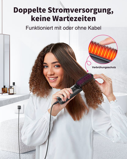 Bopcal Glättbürste Kabellos 10000mAh, 3 in 1 Haarglätter Bürste mit Millionen Negative Ionen, Wiederaufladbar Glättungsbürste für Reise, 6 Wärmestufen, Verhindert Haarziehen, Glättet Schneller,Schwarz