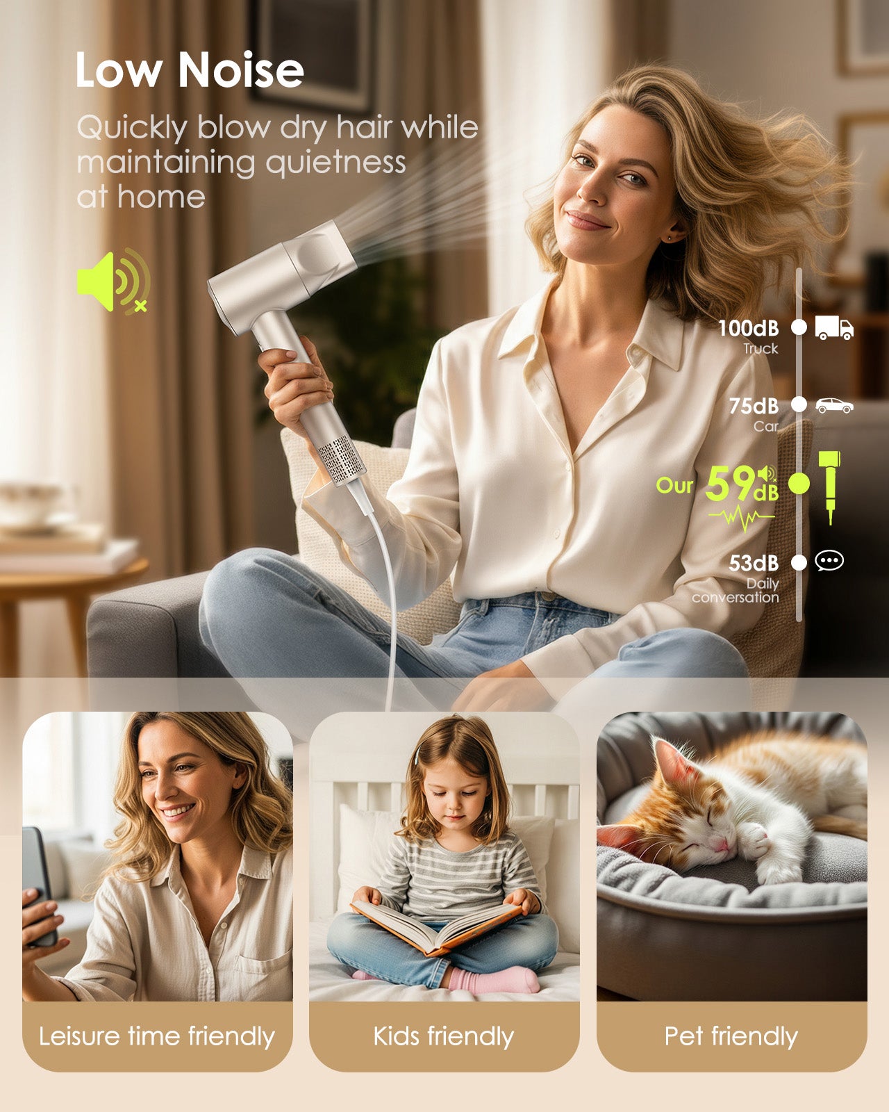 Hair Dryer, 160,000 RPM High-Speed Ionic Blow Dryer with Diffuser for Women, 1500W fast-drying hairdryer with 500M negative ions, low-noise compact design, and concentrator for home, gym, or travel