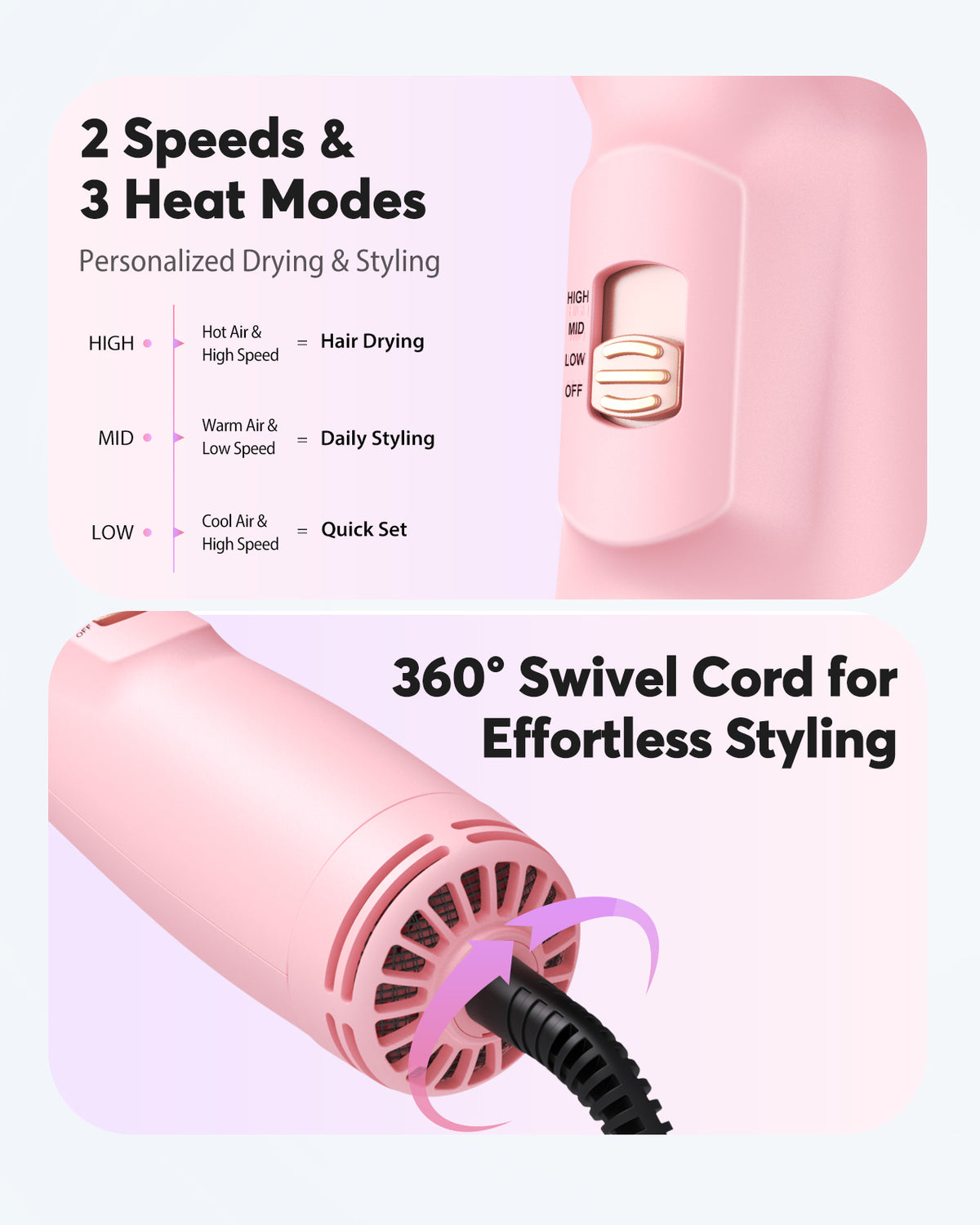 Bopcal Mini Travel Hair Dryer Brush, Dual Voltage Blow Dryer Brush in One (M-Pink) | 100-240V Hot Air Styler Europe Travel Essentials for Women, 2 Inch Portable Blowout Styling with EU and UK Plug