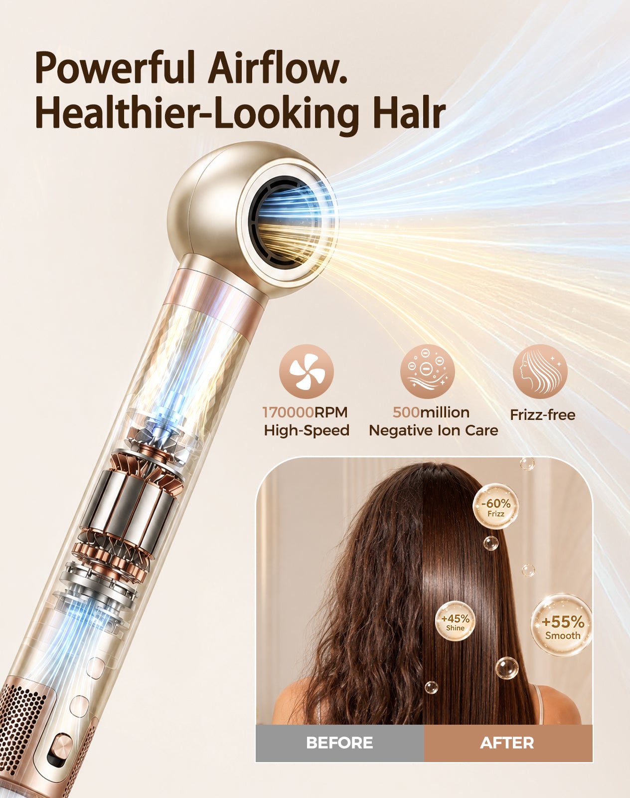 opcal 7-in-1 Air Styler & Hair Dryer Brush, 170,000 RPM High-Speed Multi Styler with Auto Wrap Curlers, Ionic Blow Dryer Brush, Volumizing & Smoothing Brushes for Fast Drying, Curls & Salon Blowouts